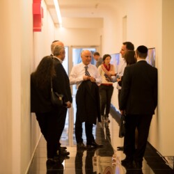 Israeli President Reuven (Ruvi) Rivlin meets with BGU President Prof. Daniel Chamovitz, Prof. Yuval Elovici, Prof. Dan Blumberg and Be'er Sheva Mayor Ruvik Danilovich at the Telekom Innovation Laboratories 
at Ben-Gurion University