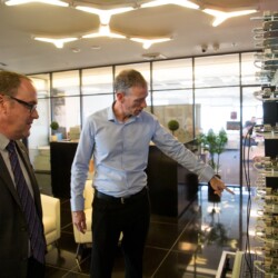 Israeli President Reuven (Ruvi) Rivlin meets with BGU President Prof. Daniel Chamovitz, Prof. Yuval Elovici, Prof. Dan Blumberg and Be'er Sheva Mayor Ruvik Danilovich at the Telekom Innovation Laboratories 
at Ben-Gurion University