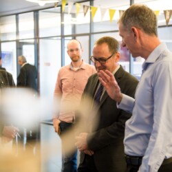 Israeli President Reuven (Ruvi) Rivlin meets with BGU President Prof. Daniel Chamovitz, Prof. Yuval Elovici, Prof. Dan Blumberg and Be'er Sheva Mayor Ruvik Danilovich at the Telekom Innovation Laboratories 
at Ben-Gurion University