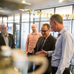 Israeli President Reuven (Ruvi) Rivlin meets with BGU President Prof. Daniel Chamovitz, Prof. Yuval Elovici, Prof. Dan Blumberg and Be'er Sheva Mayor Ruvik Danilovich at the Telekom Innovation Laboratories 
at Ben-Gurion University