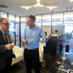 Israeli President Reuven (Ruvi) Rivlin meets with BGU President Prof. Daniel Chamovitz, Prof. Yuval Elovici, Prof. Dan Blumberg and Be'er Sheva Mayor Ruvik Danilovich at the Telekom Innovation Laboratories 
at Ben-Gurion University