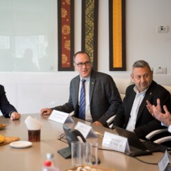 Israeli President Reuven (Ruvi) Rivlin meets with BGU President Prof. Daniel Chamovitz, Prof. Yuval Elovici, Prof. Dan Blumberg and Be'er Sheva Mayor Ruvik Danilovich at the Telekom Innovation Laboratories 
at Ben-Gurion University