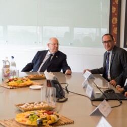 Israeli President Reuven (Ruvi) Rivlin meets with BGU President Prof. Daniel Chamovitz, Prof. Yuval Elovici, Prof. Dan Blumberg and Be'er Sheva Mayor Ruvik Danilovich at the Telekom Innovation Laboratories 
at Ben-Gurion University