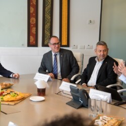 Israeli President Reuven (Ruvi) Rivlin meets with BGU President Prof. Daniel Chamovitz, Prof. Yuval Elovici, Prof. Dan Blumberg and Be'er Sheva Mayor Ruvik Danilovich at the Telekom Innovation Laboratories 
at Ben-Gurion University