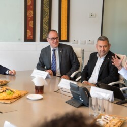 Israeli President Reuven (Ruvi) Rivlin meets with BGU President Prof. Daniel Chamovitz, Prof. Yuval Elovici, Prof. Dan Blumberg and Be'er Sheva Mayor Ruvik Danilovich at the Telekom Innovation Laboratories 
at Ben-Gurion University