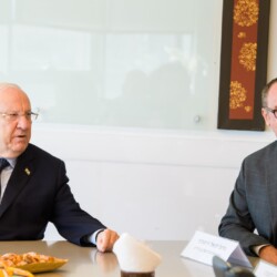 Israeli President Reuven (Ruvi) Rivlin meets with BGU President Prof. Daniel Chamovitz, Prof. Yuval Elovici, Prof. Dan Blumberg and Be'er Sheva Mayor Ruvik Danilovich at the Telekom Innovation Laboratories 
at Ben-Gurion University
