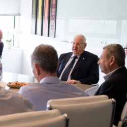 Israeli President Reuven (Ruvi) Rivlin meets with BGU President Prof. Daniel Chamovitz, Prof. Yuval Elovici, Prof. Dan Blumberg and Be'er Sheva Mayor Ruvik Danilovich at the Telekom Innovation Laboratories 
at Ben-Gurion University