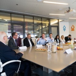 Israeli President Reuven (Ruvi) Rivlin meets with BGU President Prof. Daniel Chamovitz, Prof. Yuval Elovici, Prof. Dan Blumberg and Be'er Sheva Mayor Ruvik Danilovich at the Telekom Innovation Laboratories 
at Ben-Gurion University
