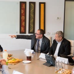 Israeli President Reuven (Ruvi) Rivlin meets with BGU President Prof. Daniel Chamovitz, Prof. Yuval Elovici, Prof. Dan Blumberg and Be'er Sheva Mayor Ruvik Danilovich at the Telekom Innovation Laboratories 
at Ben-Gurion University