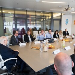 Israeli President Reuven (Ruvi) Rivlin meets with BGU President Prof. Daniel Chamovitz, Prof. Yuval Elovici, Prof. Dan Blumberg and Be'er Sheva Mayor Ruvik Danilovich at the Telekom Innovation Laboratories 
at Ben-Gurion University