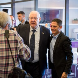 Israeli President Reuven (Ruvi) Rivlin meets with BGU President Prof. Daniel Chamovitz, Prof. Yuval Elovici, Prof. Dan Blumberg and Be'er Sheva Mayor Ruvik Danilovich at the Telekom Innovation Laboratories 
at Ben-Gurion University