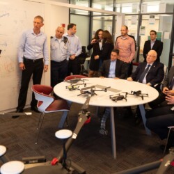 Israeli President Reuven (Ruvi) Rivlin meets with BGU President Prof. Daniel Chamovitz, Prof. Yuval Elovici, Prof. Dan Blumberg and Be'er Sheva Mayor Ruvik Danilovich at the Telekom Innovation Laboratories 
at Ben-Gurion University
