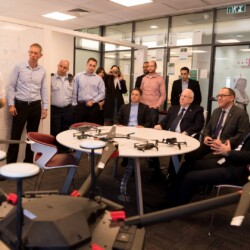 Israeli President Reuven (Ruvi) Rivlin meets with BGU President Prof. Daniel Chamovitz, Prof. Yuval Elovici, Prof. Dan Blumberg and Be'er Sheva Mayor Ruvik Danilovich at the Telekom Innovation Laboratories 
at Ben-Gurion University