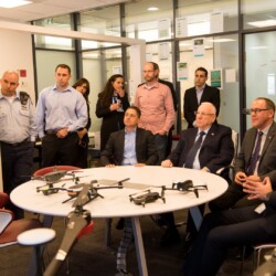 Israeli President Reuven (Ruvi) Rivlin meets with BGU President Prof. Daniel Chamovitz, Prof. Yuval Elovici, Prof. Dan Blumberg and Be'er Sheva Mayor Ruvik Danilovich at the Telekom Innovation Laboratories 
at Ben-Gurion University