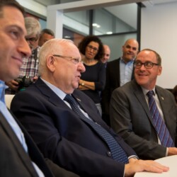 Israeli President Reuven (Ruvi) Rivlin meets with BGU President Prof. Daniel Chamovitz, Prof. Yuval Elovici, Prof. Dan Blumberg and Be'er Sheva Mayor Ruvik Danilovich at the Telekom Innovation Laboratories 
at Ben-Gurion University