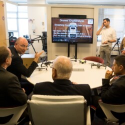 Israeli President Reuven (Ruvi) Rivlin meets with BGU President Prof. Daniel Chamovitz, Prof. Yuval Elovici, Prof. Dan Blumberg and Be'er Sheva Mayor Ruvik Danilovich at the Telekom Innovation Laboratories 
at Ben-Gurion University