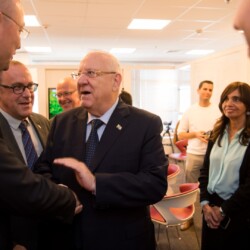 Israeli President Reuven (Ruvi) Rivlin meets with BGU President Prof. Daniel Chamovitz, Prof. Yuval Elovici, Prof. Dan Blumberg and Be'er Sheva Mayor Ruvik Danilovich at the Telekom Innovation Laboratories 
at Ben-Gurion University
