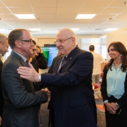 Israeli President Reuven (Ruvi) Rivlin meets with BGU President Prof. Daniel Chamovitz, Prof. Yuval Elovici, Prof. Dan Blumberg and Be'er Sheva Mayor Ruvik Danilovich at the Telekom Innovation Laboratories 
at Ben-Gurion University