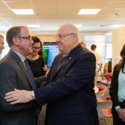 Israeli President Reuven (Ruvi) Rivlin meets with BGU President Prof. Daniel Chamovitz, Prof. Yuval Elovici, Prof. Dan Blumberg and Be'er Sheva Mayor Ruvik Danilovich at the Telekom Innovation Laboratories 
at Ben-Gurion University